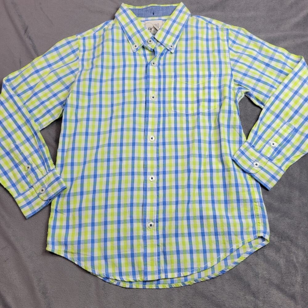 Peek Button Front Shirt Boy Size 12 Blue Green White Plaid Easter Family Picture